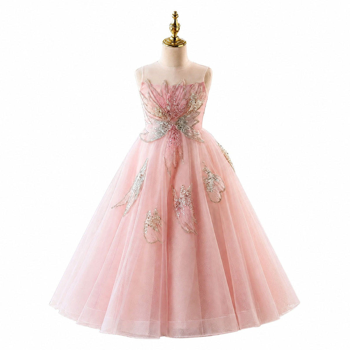 D365 pink butterfly tulle flower girl dress white background
