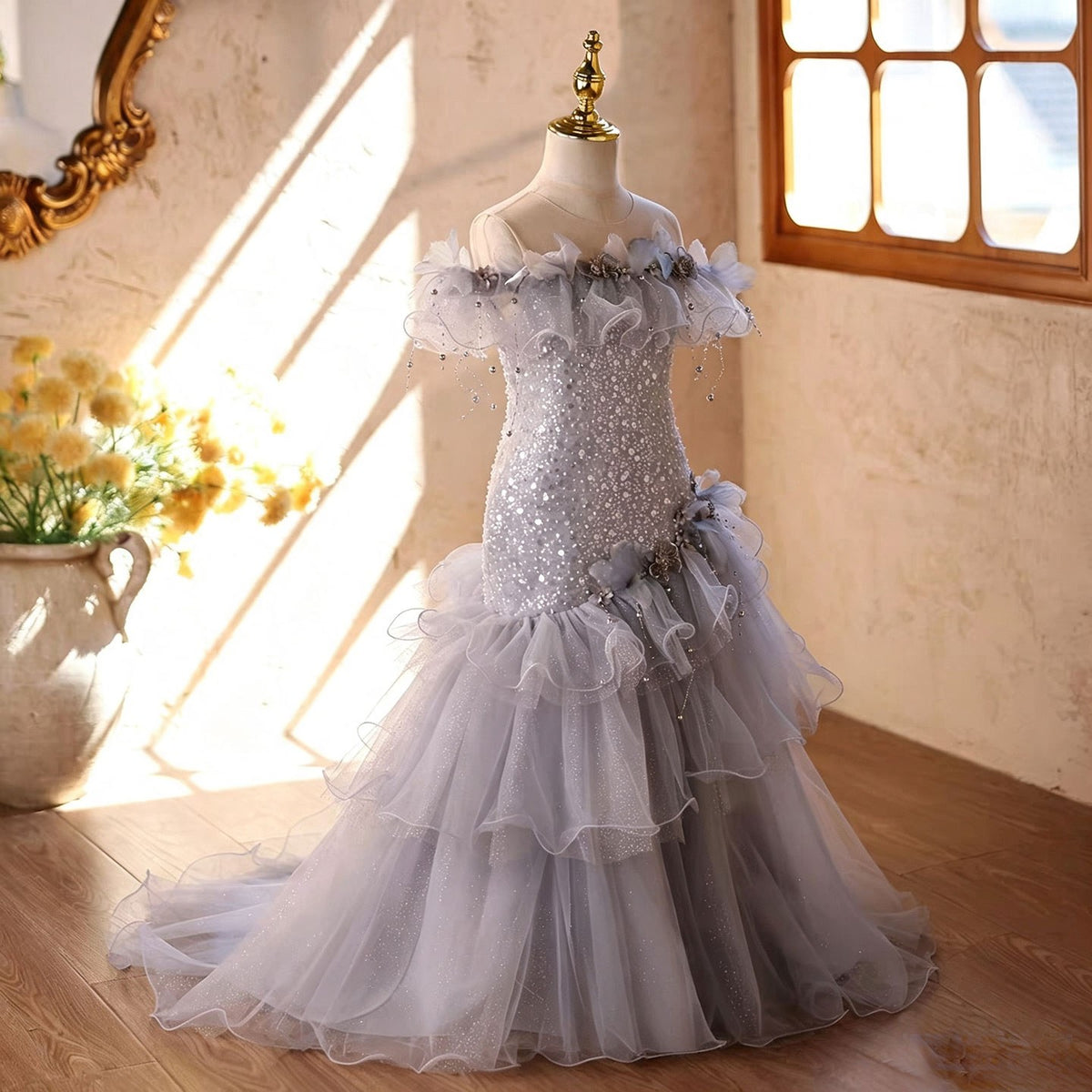 D367 blue ruffle tulle flower girl dress front view