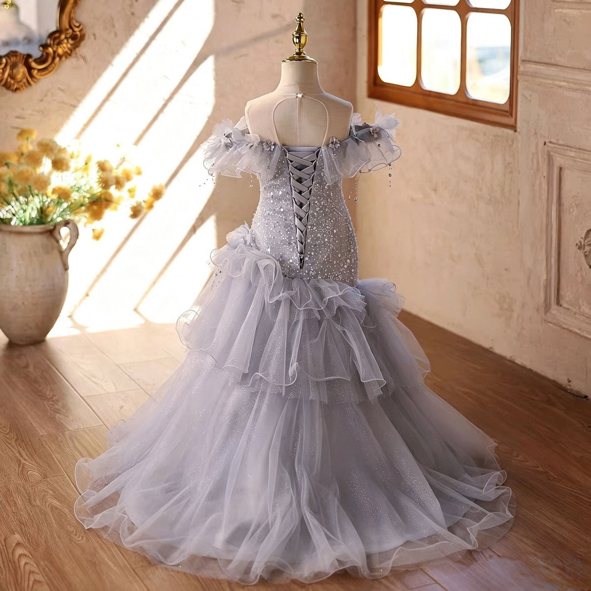 D367 blue ruffle tulle flower girl dress side view