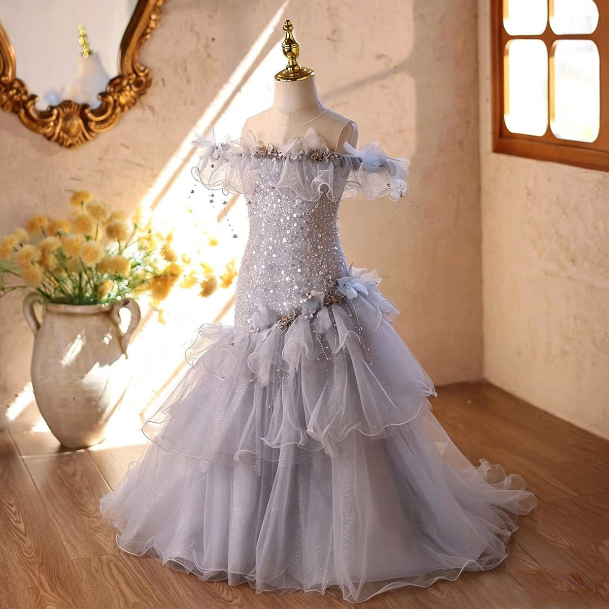 D367 blue ruffle tulle flower girl dress alternate view