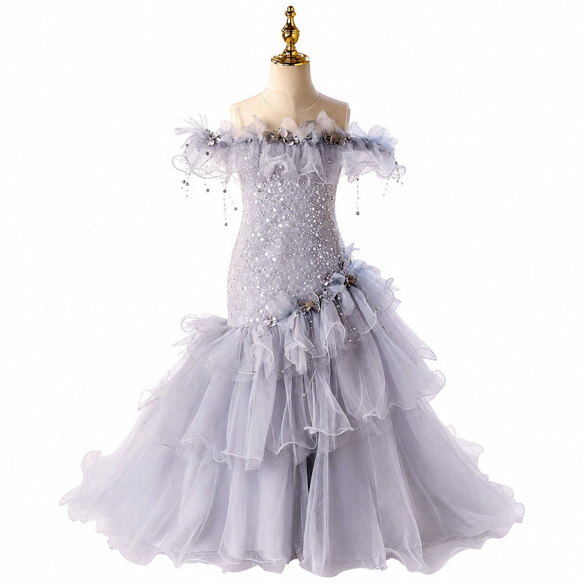 D367 blue ruffle tulle flower girl dress white background