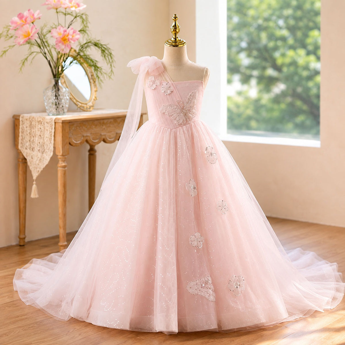 D368 pink one shoulder tulle flower girl dress front view