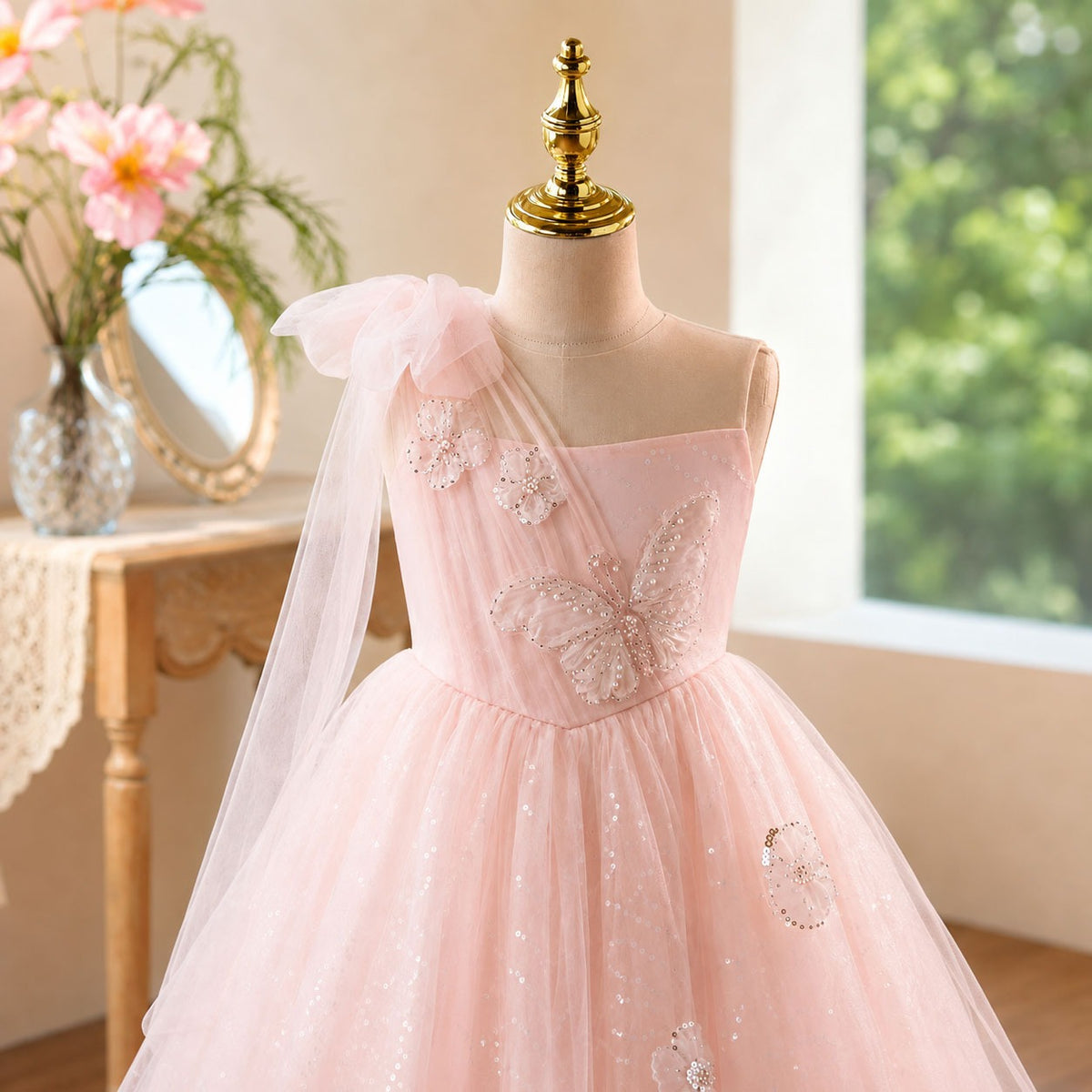 D368 pink one shoulder tulle flower girl dress side view