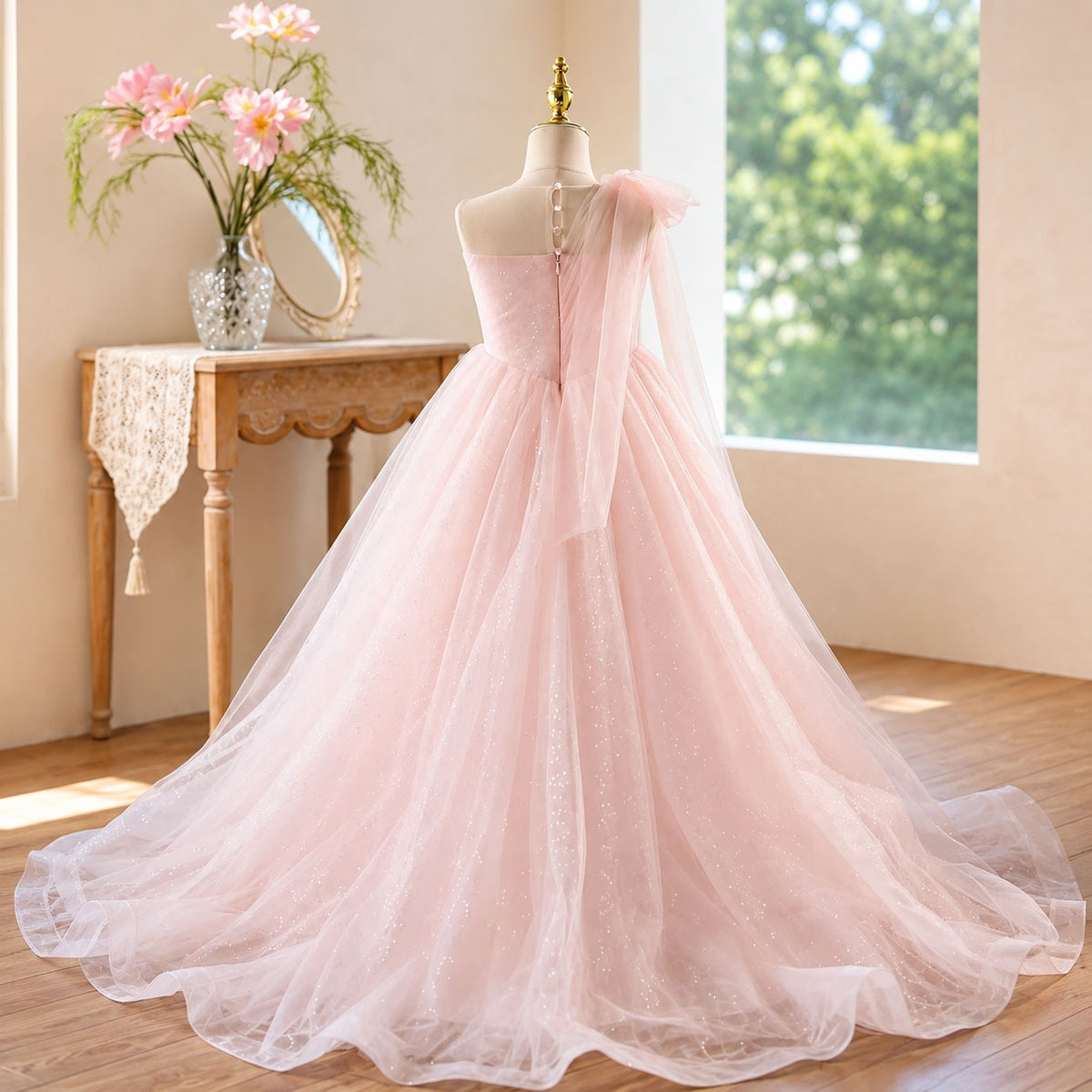 D368 pink one shoulder tulle flower girl dress back view