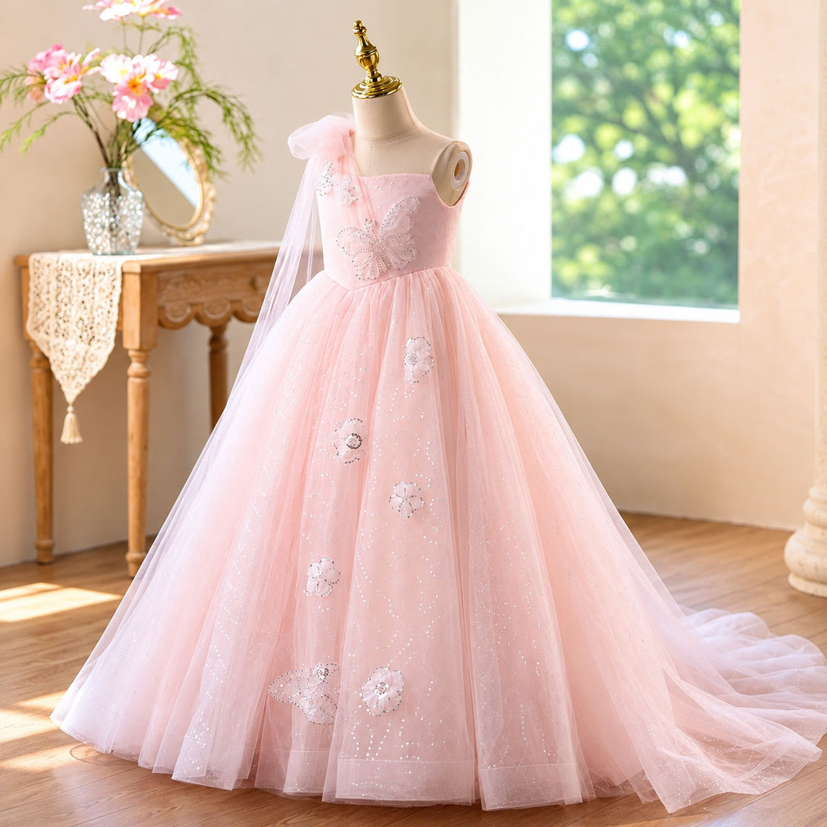 D368 pink one shoulder tulle flower girl dress detail view