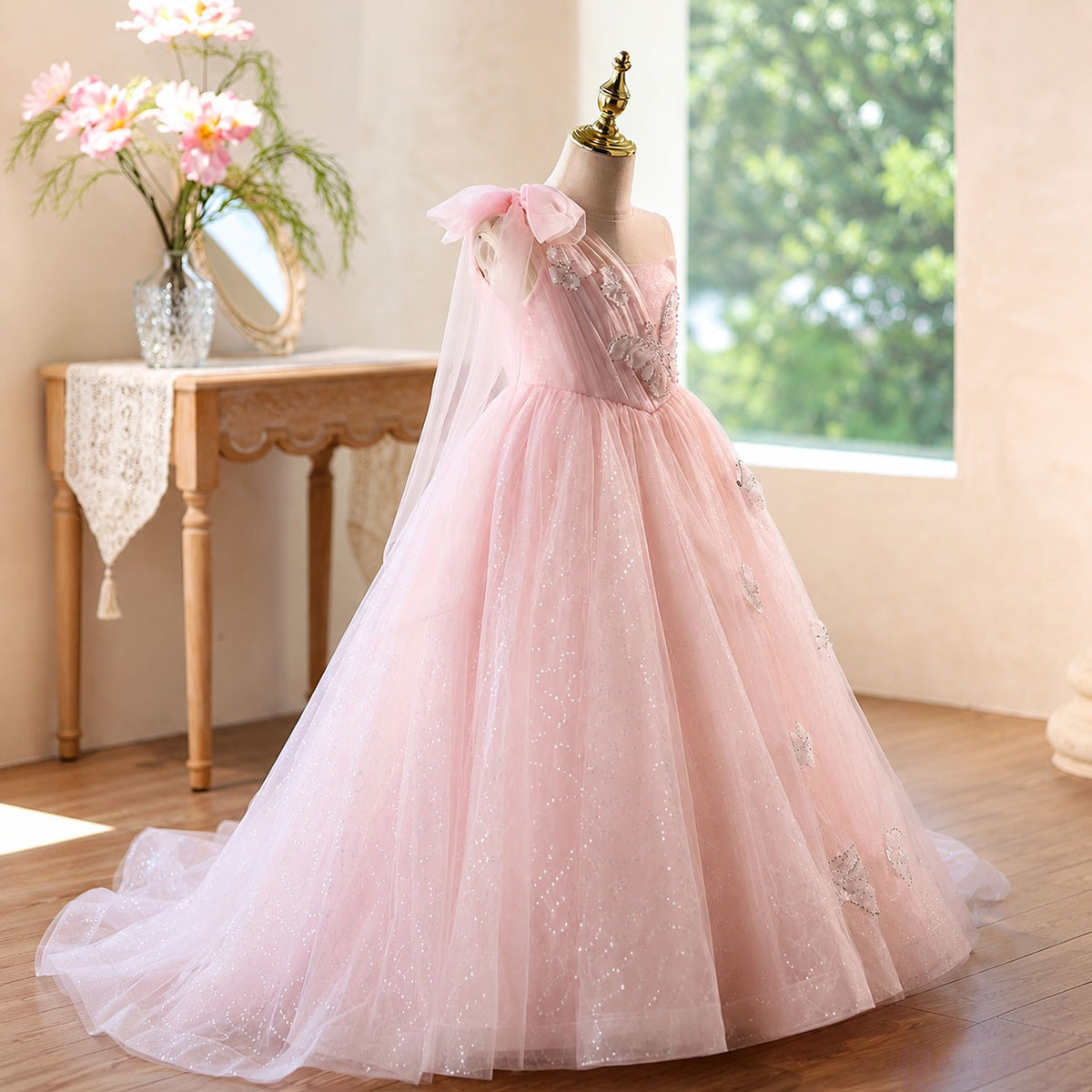 D368 pink one shoulder tulle flower girl dress close-up