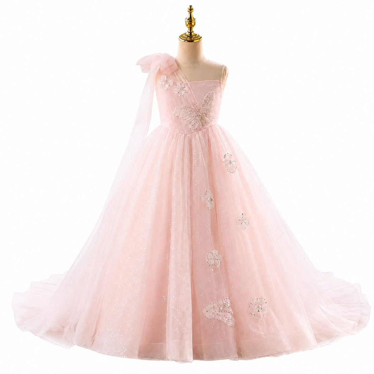 D368 pink one shoulder tulle flower girl dress white background
