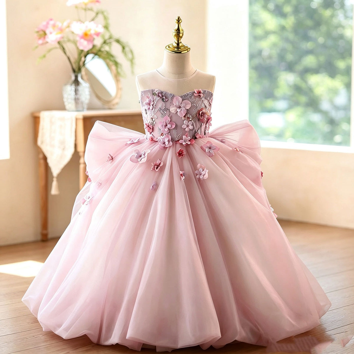 Pink 3D floral tulle flower girl dress D369