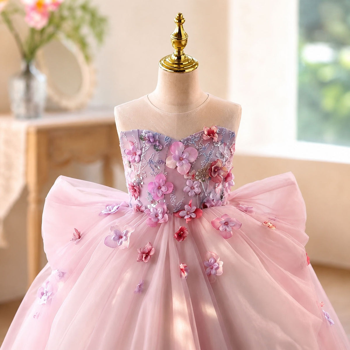 Pink 3D floral tulle flower girl dress side view D369