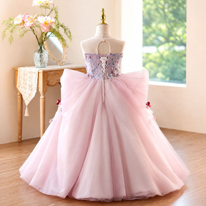 Pink 3D floral tulle flower girl dress detail D369