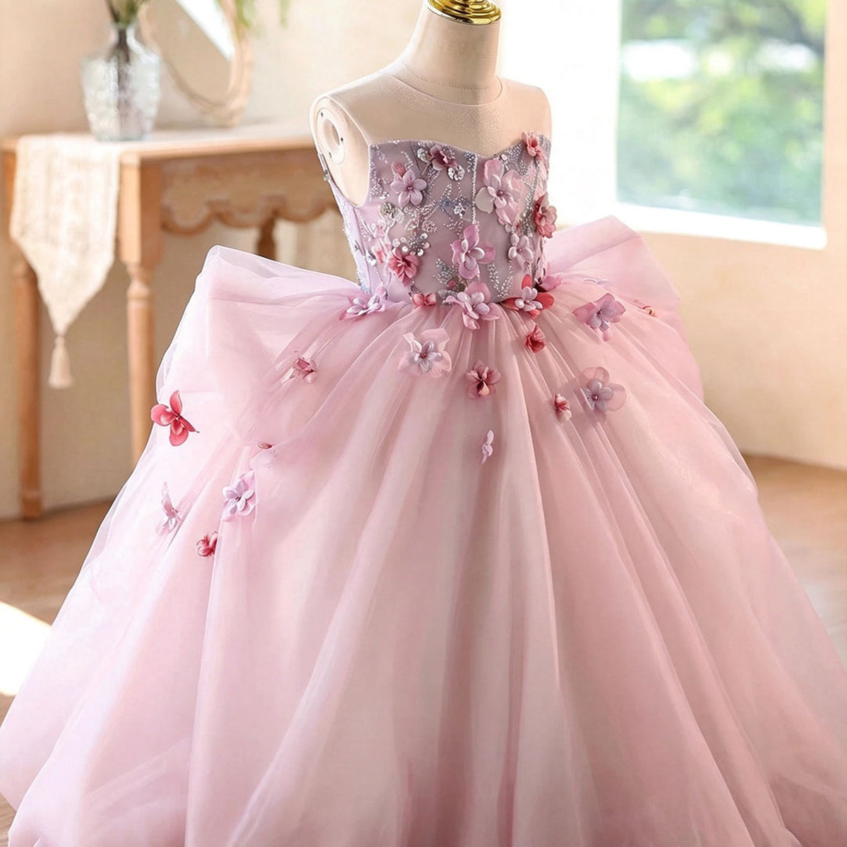 Pink 3D floral tulle flower girl dress close up D369