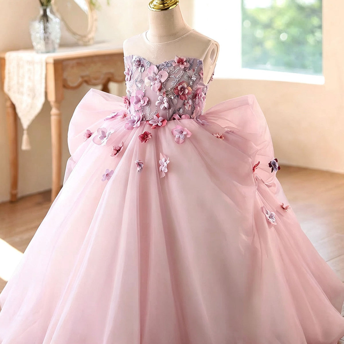 Pink 3D floral tulle flower girl dress back detail D369