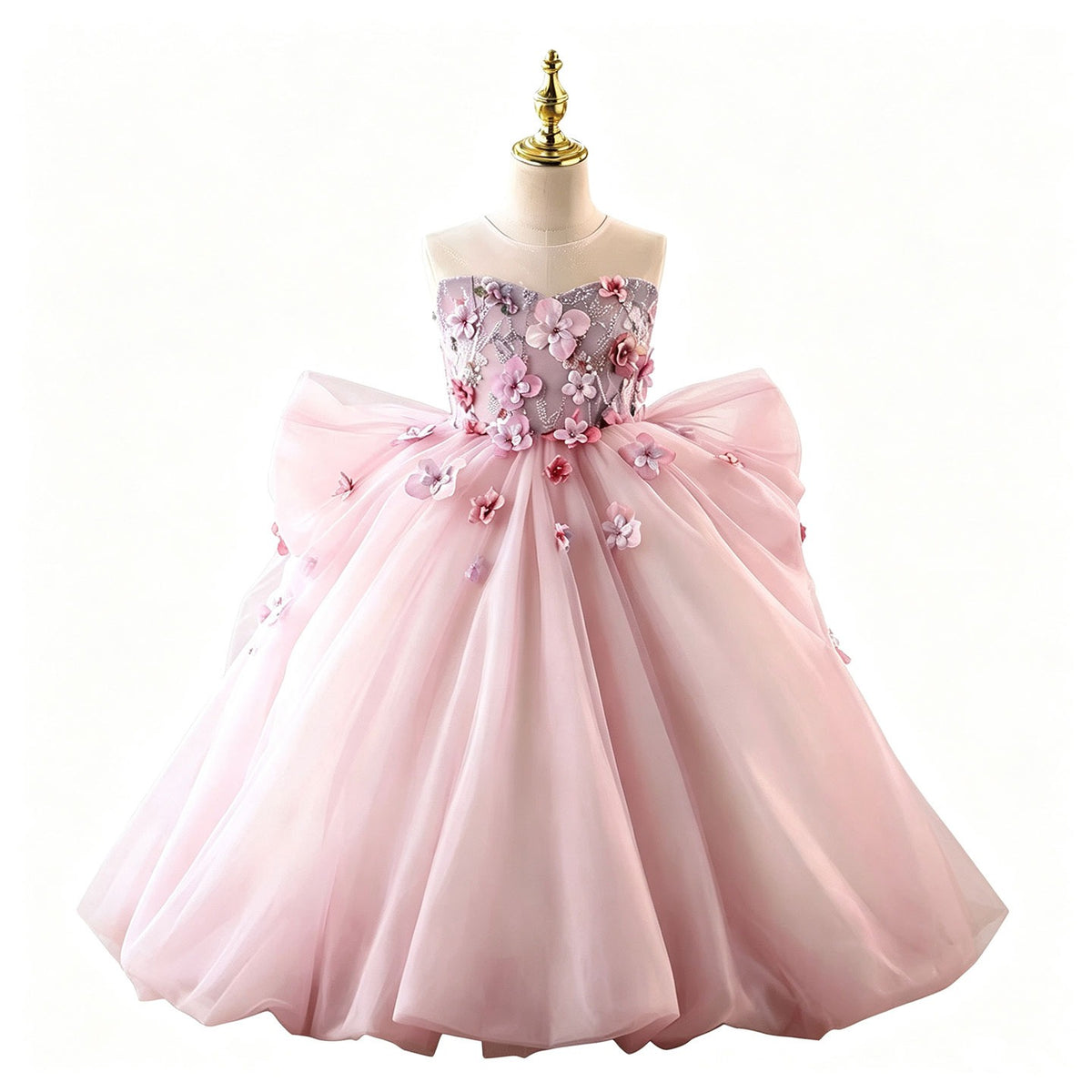 Pink 3D floral tulle flower girl dress product photo D369