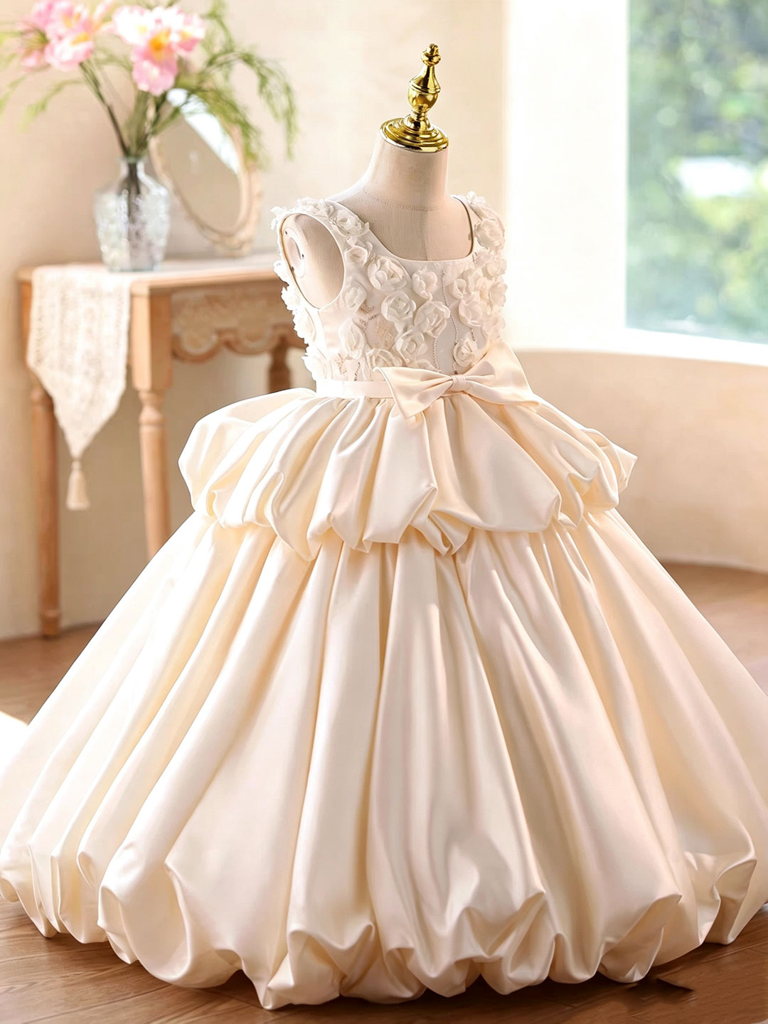 D378 off-white floral girls formal gown