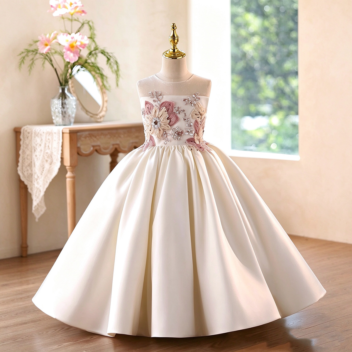 Off-White Embroidered Girls Wedding Dress D379