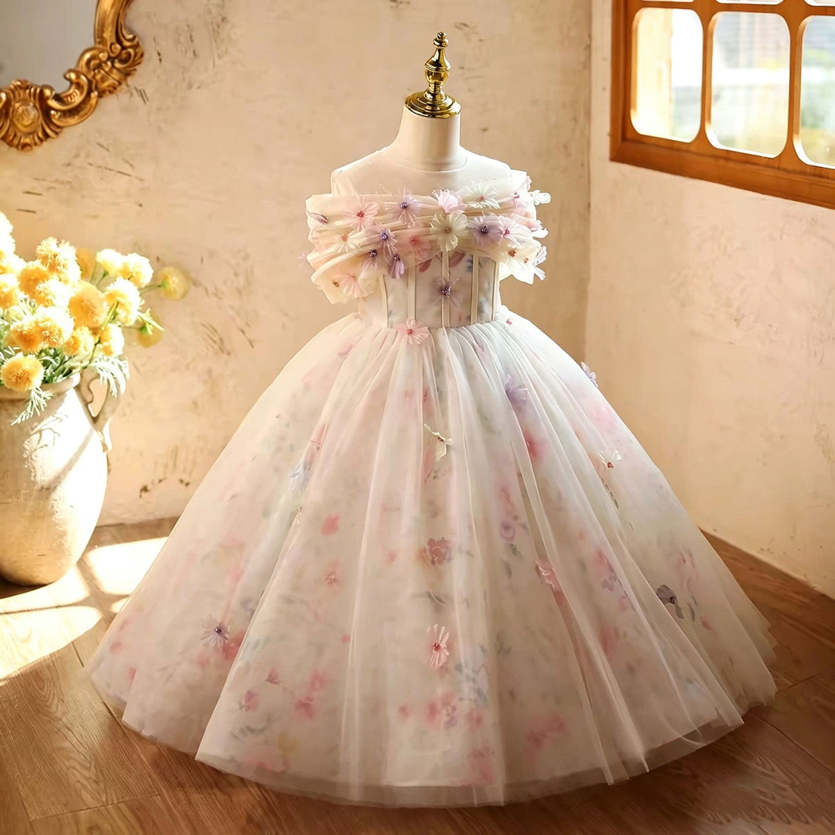 D380 beige floral applique girls gown