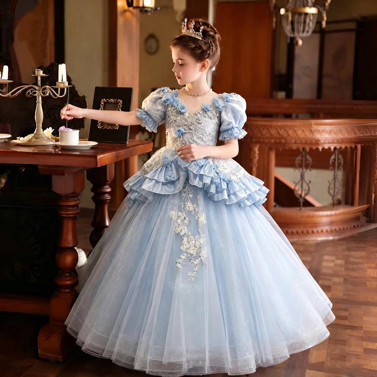D382 blue ruffle girls pageant dress