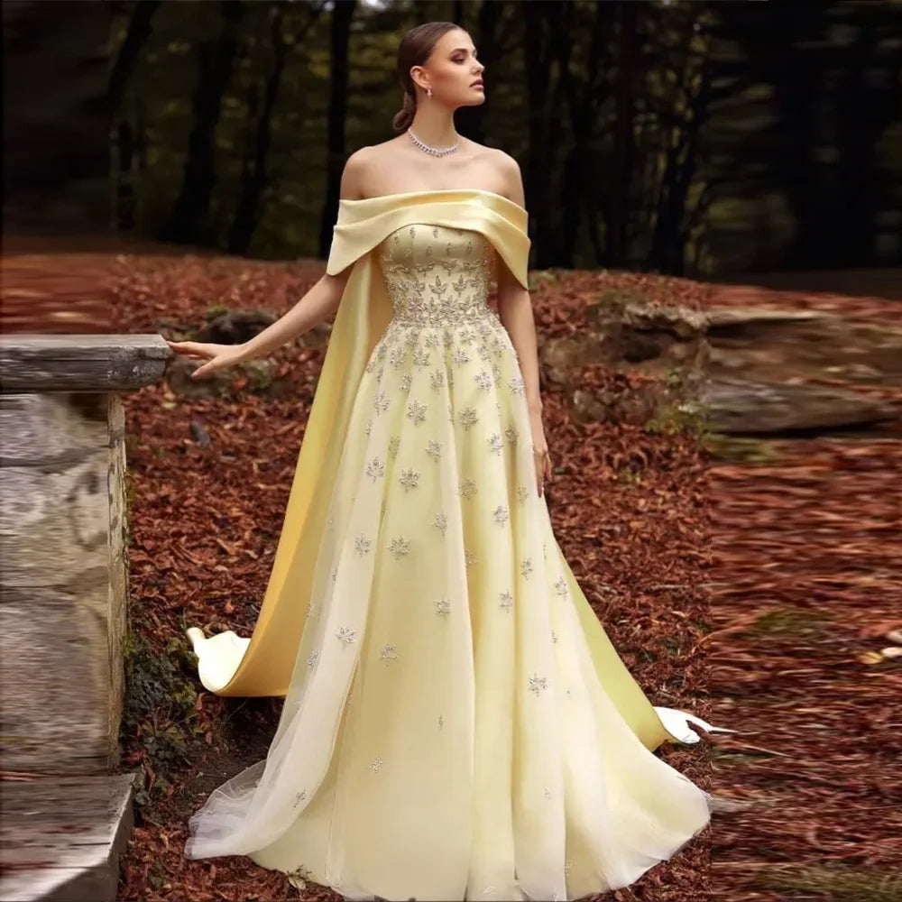 Arabic Yellow Satin Luxury Dubai Evening Dress with Cape SS455