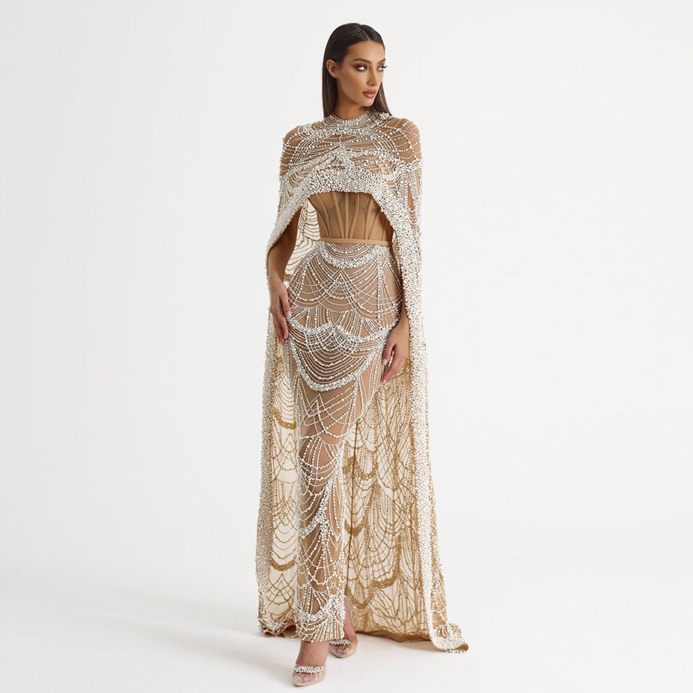 Luxury Pearls Dubai Champagne Evening Dresses with Cape SS369