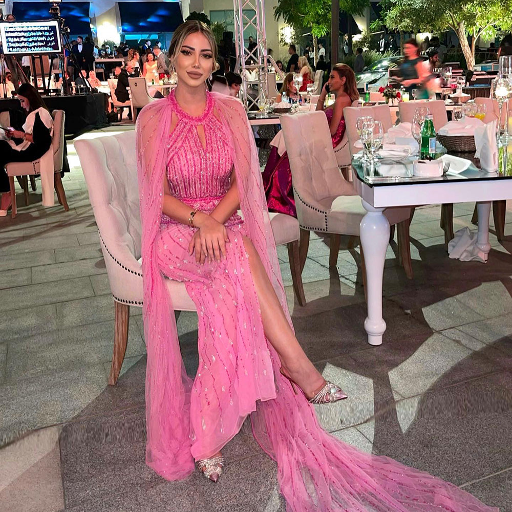 Luxury Dubai Mermaid Pink Evening Dresses with Cape Sleeves SS361