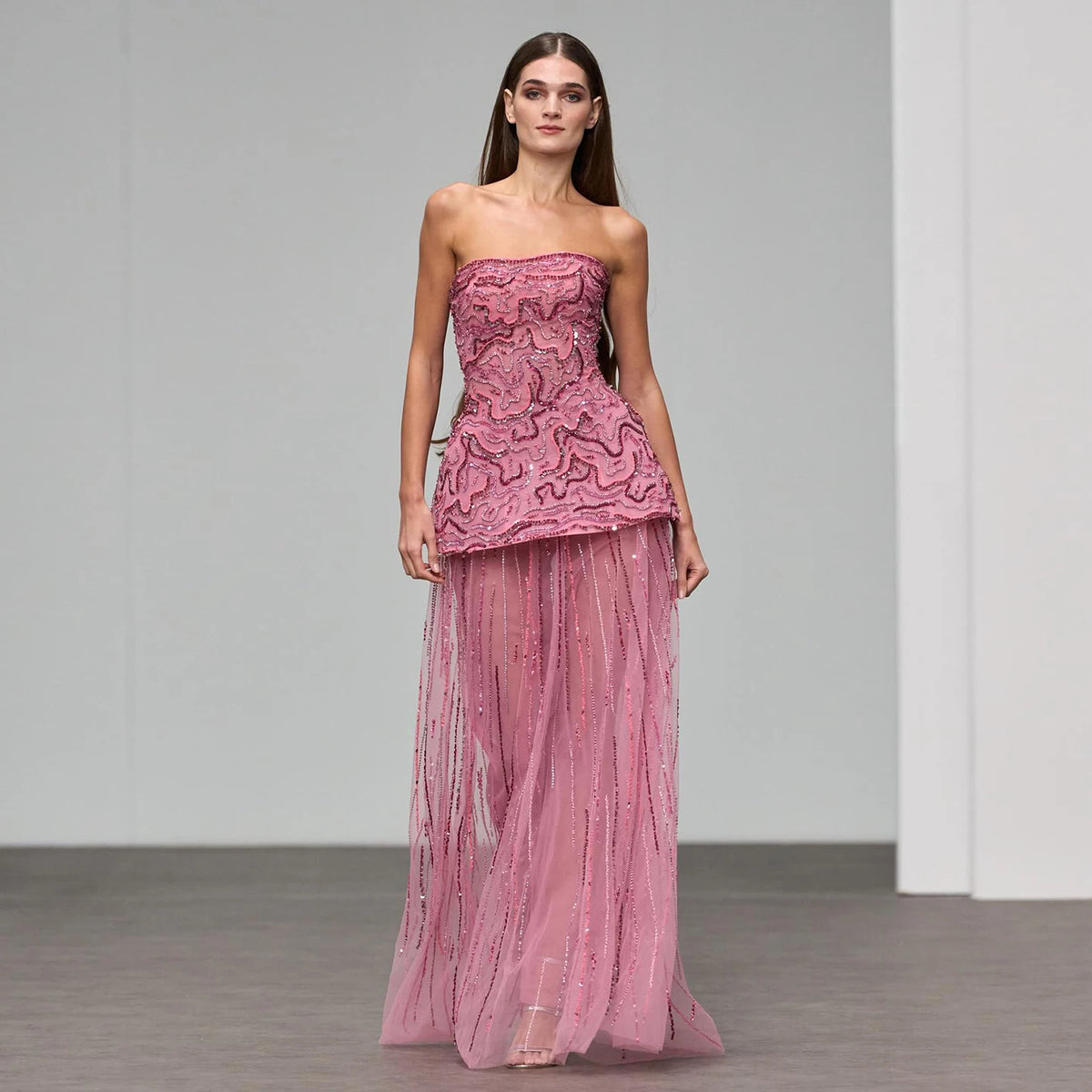 Luxury Two Piece Crystal Sequin Evening Gown in Rose Pink and Blue SS218