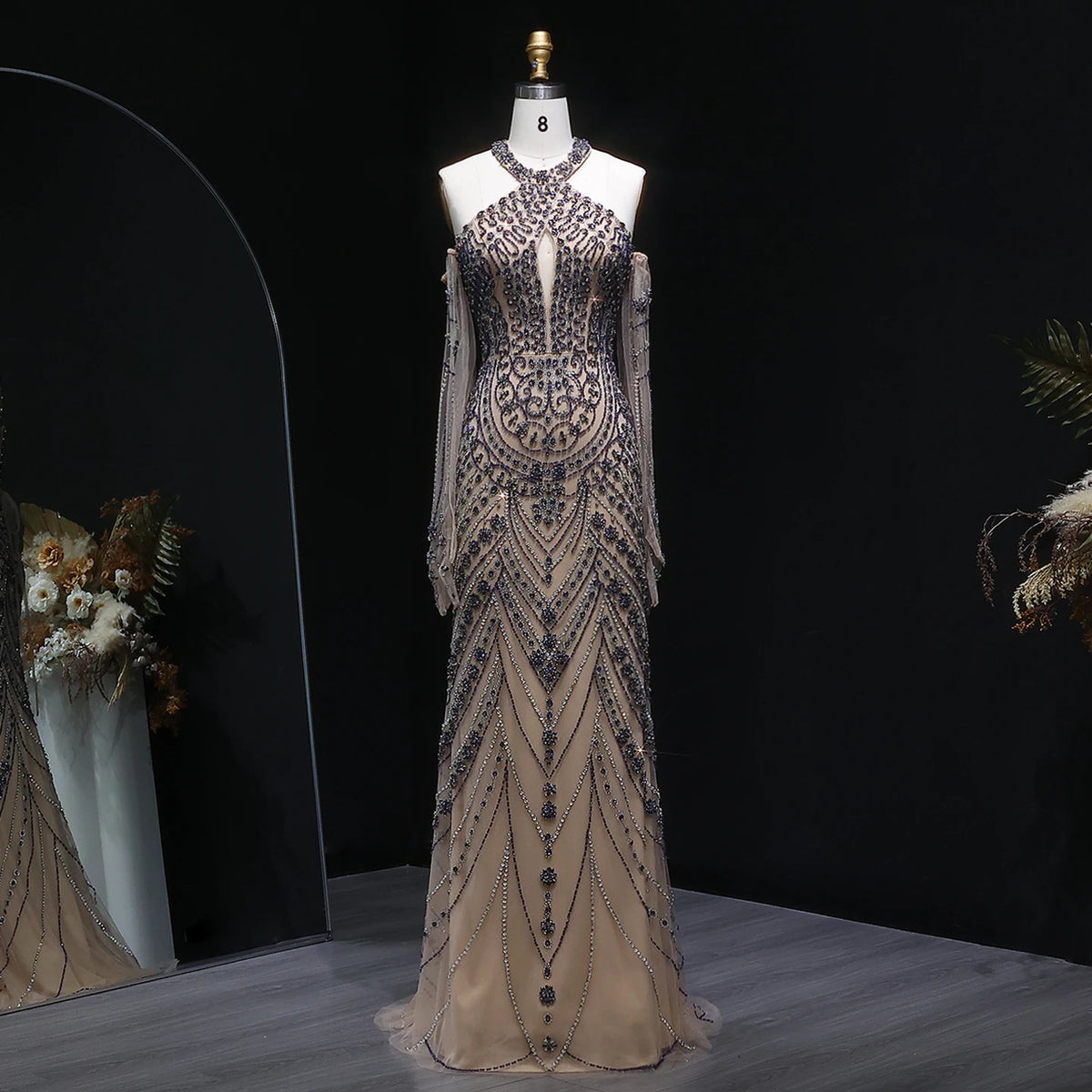 Luxury Sparkling Beaded Evening Dress with Halter Neck and Gloves SS118