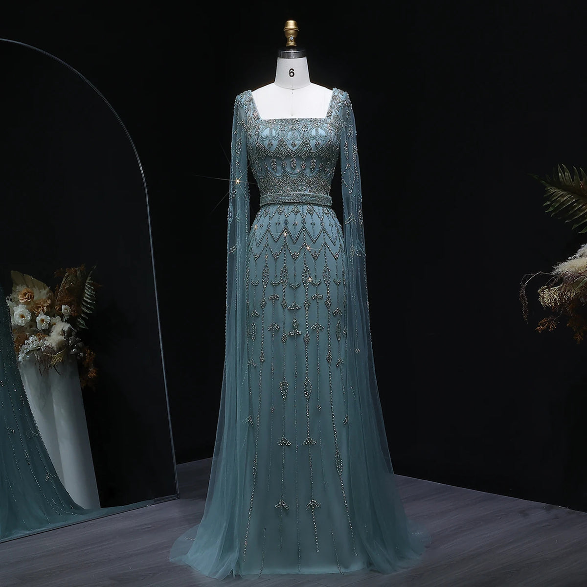 Luxury Cape Sleeve Beaded Gown in Turquoise Caramel  Pink SS089