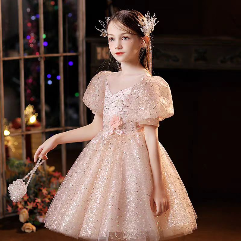 Dreamy Pink Girl Dress Floral Holiday Wedding Party Ball Gown J716
