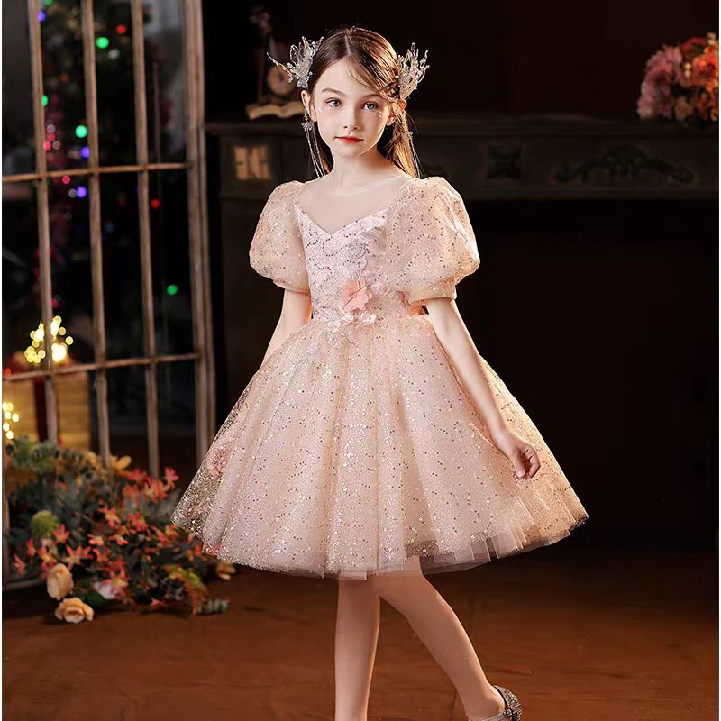 Dreamy Pink Girl Dress Floral Holiday Wedding Party Ball Gown J716