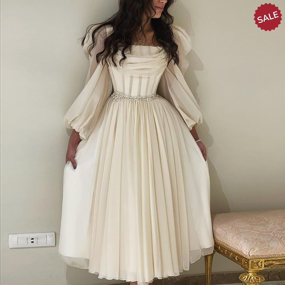 Dubai Beige Short Midi Arabic Evening Dress with Belt Long Sleeves Tea Length Women Formal Wedding Party Gowns SS393