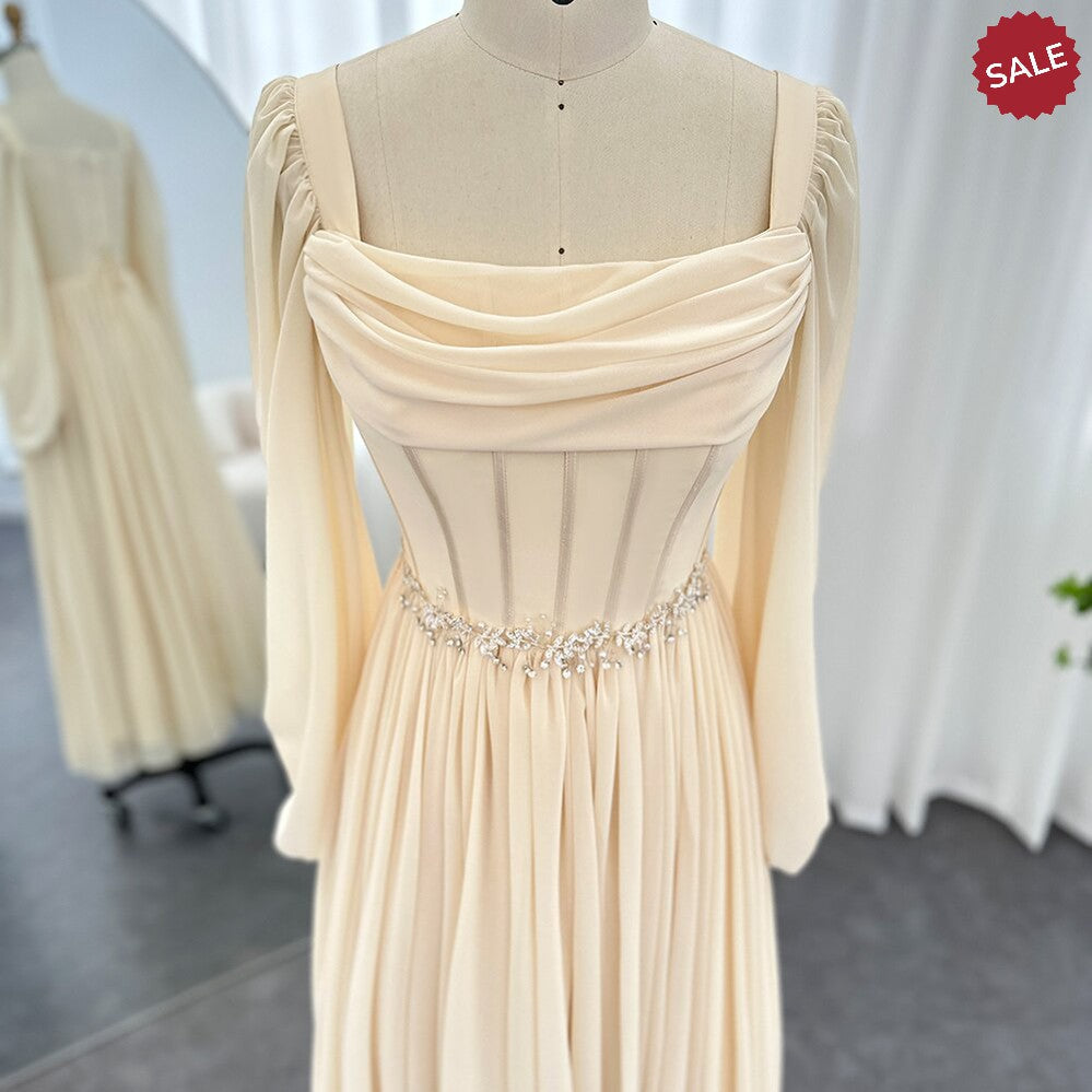 Dubai Beige Short Midi Arabic Evening Dress with Belt Long Sleeves Tea Length Women Formal Wedding Party Gowns SS393