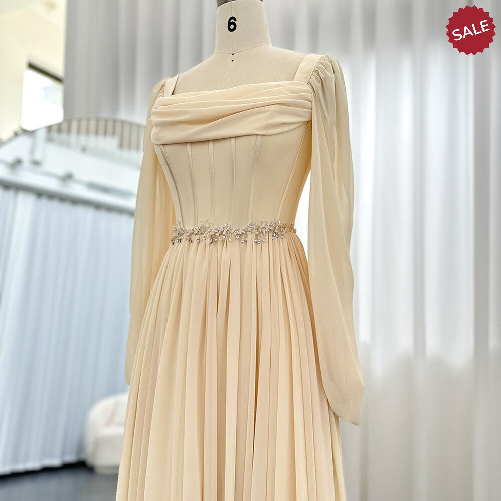 Dubai Beige Short Midi Arabic Evening Dress with Belt Long Sleeves Tea Length Women Formal Wedding Party Gowns SS393