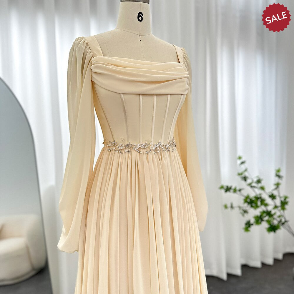 Dubai Beige Short Midi Arabic Evening Dress with Belt Long Sleeves Tea Length Women Formal Wedding Party Gowns SS393