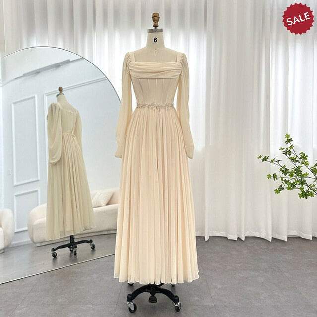 Dubai Beige Short Midi Arabic Evening Dress with Belt Long Sleeves Tea Length Women Formal Wedding Party Gowns SS393