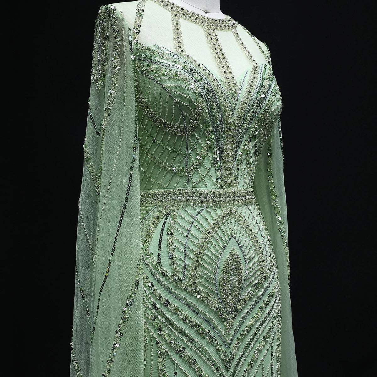 Dubai Green Mermaid Evening Dress with Cape Sleeves SS042