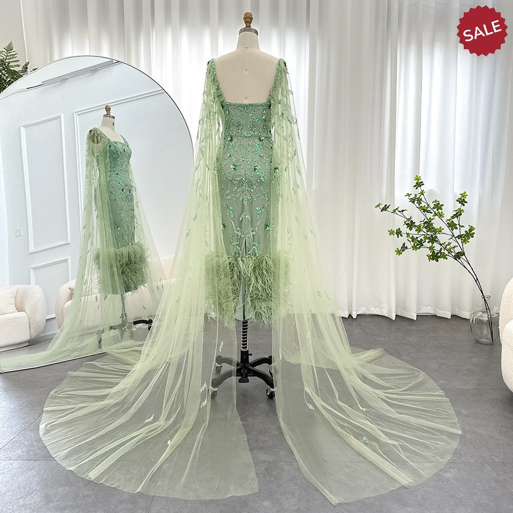 Dubai Luxury Feathers Lilac Evening Dress with Cape Sleeves Ankle Length Midi Arabic Women Wedding Party Gowns SS381