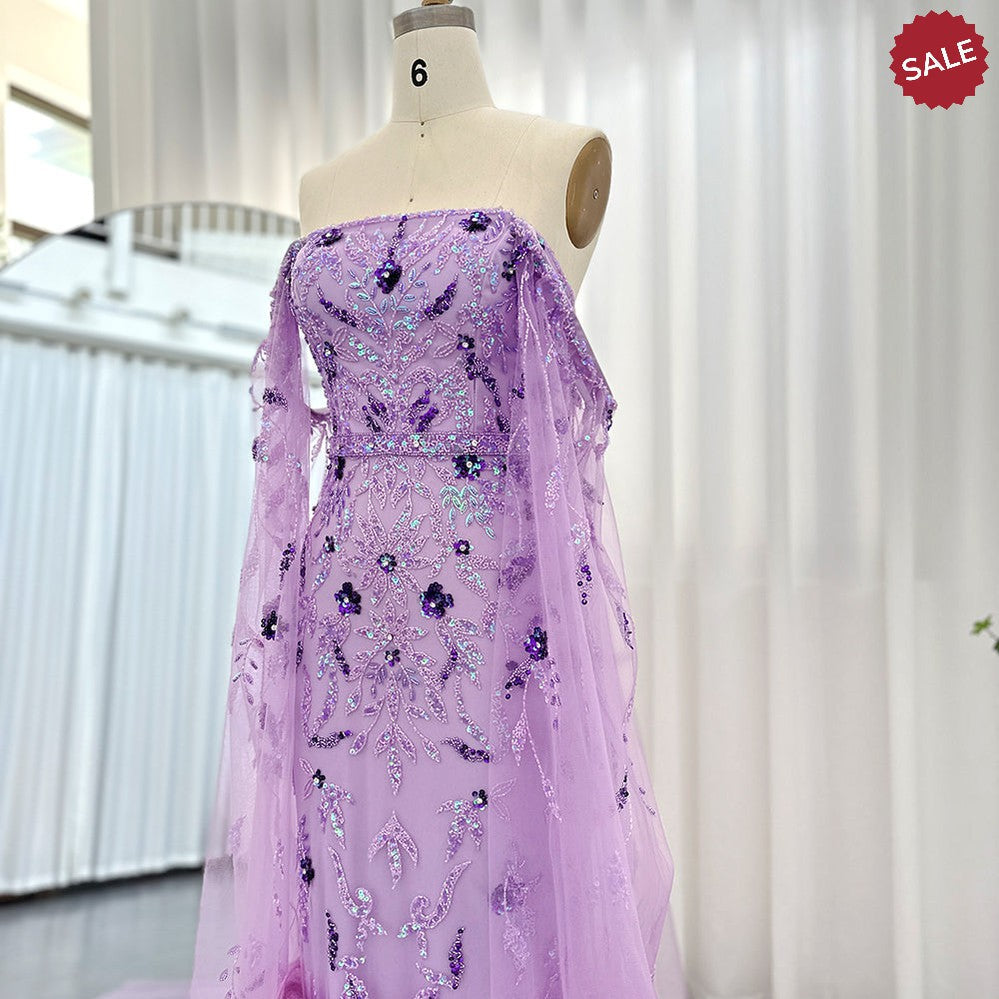 Dubai Luxury Feathers Lilac Evening Dress with Cape Sleeves Ankle Length Midi Arabic Women Wedding Party Gowns SS381