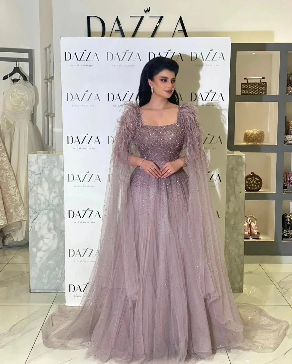 Dusty Pink Luxury Feathers Arabic Evening Dresses with Cape SS406