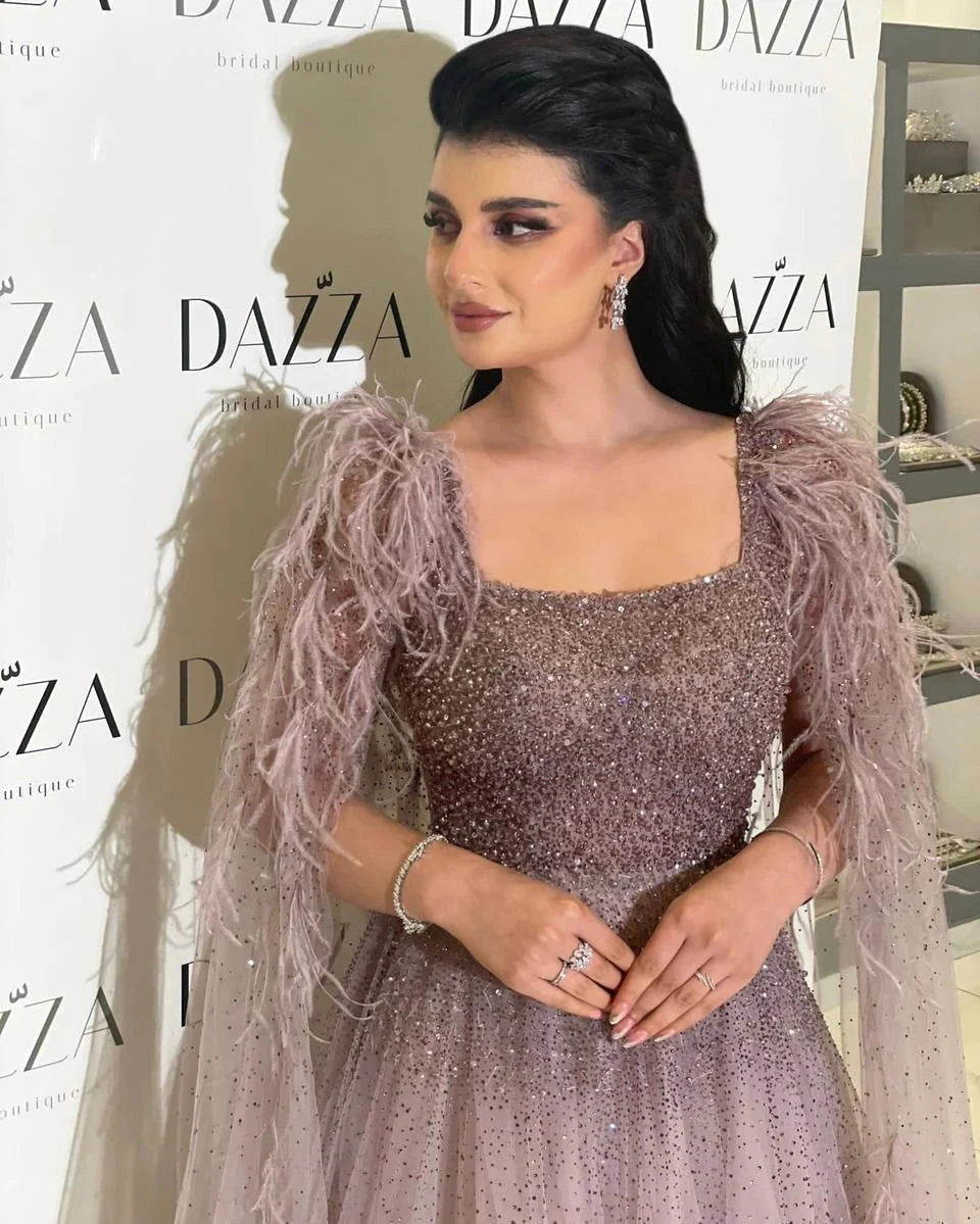 Dusty Pink Luxury Feathers Arabic Evening Dresses with Cape SS406