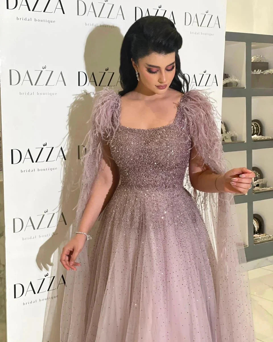 Dusty Pink Luxury Feathers Arabic Evening Dresses with Cape SS406
