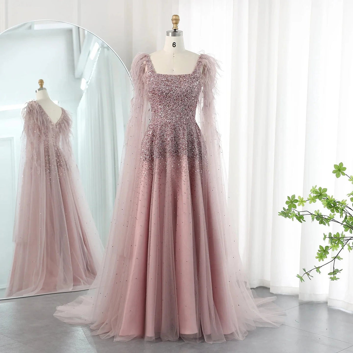 Dusty Pink Luxury Feathers Arabic Evening Dresses with Cape SS406