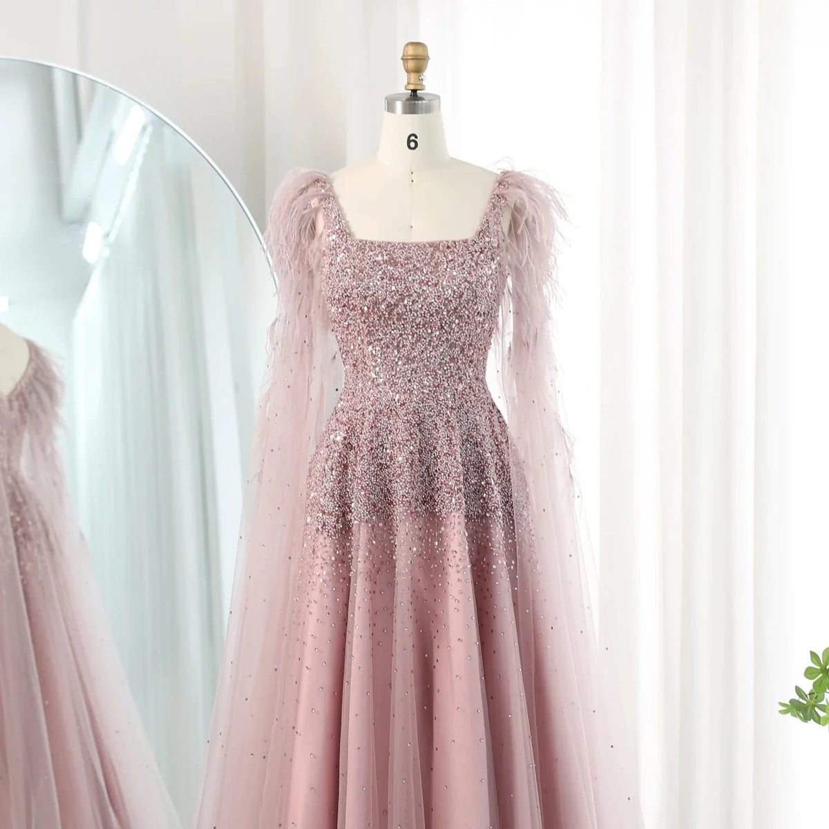Dusty Pink Luxury Feathers Arabic Evening Dresses with Cape SS406