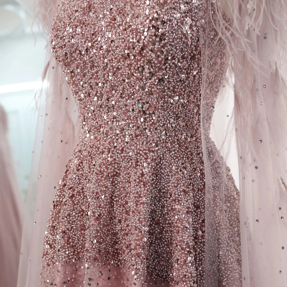 Dusty Pink Luxury Feathers Arabic Evening Dresses with Cape SS406
