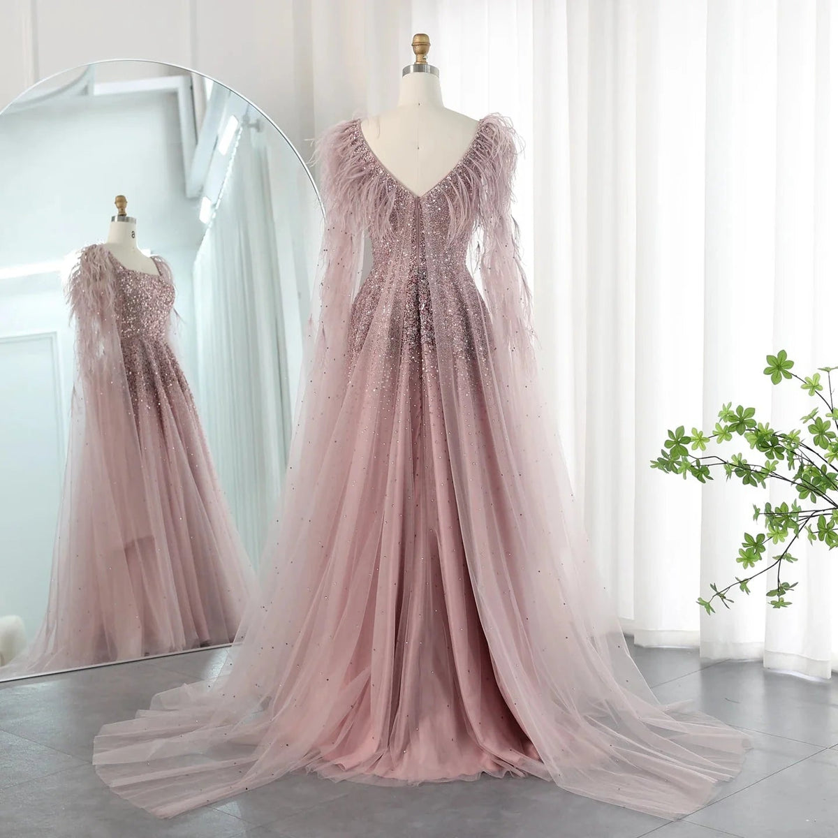Dusty Pink Luxury Feathers Arabic Evening Dresses with Cape SS406
