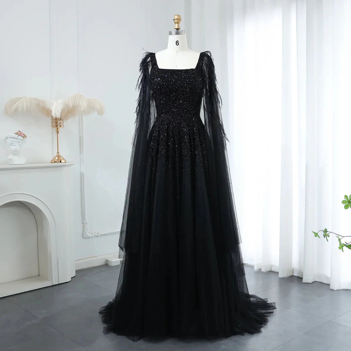 Dusty Pink Luxury Feathers Arabic Evening Dresses with Cape SS406