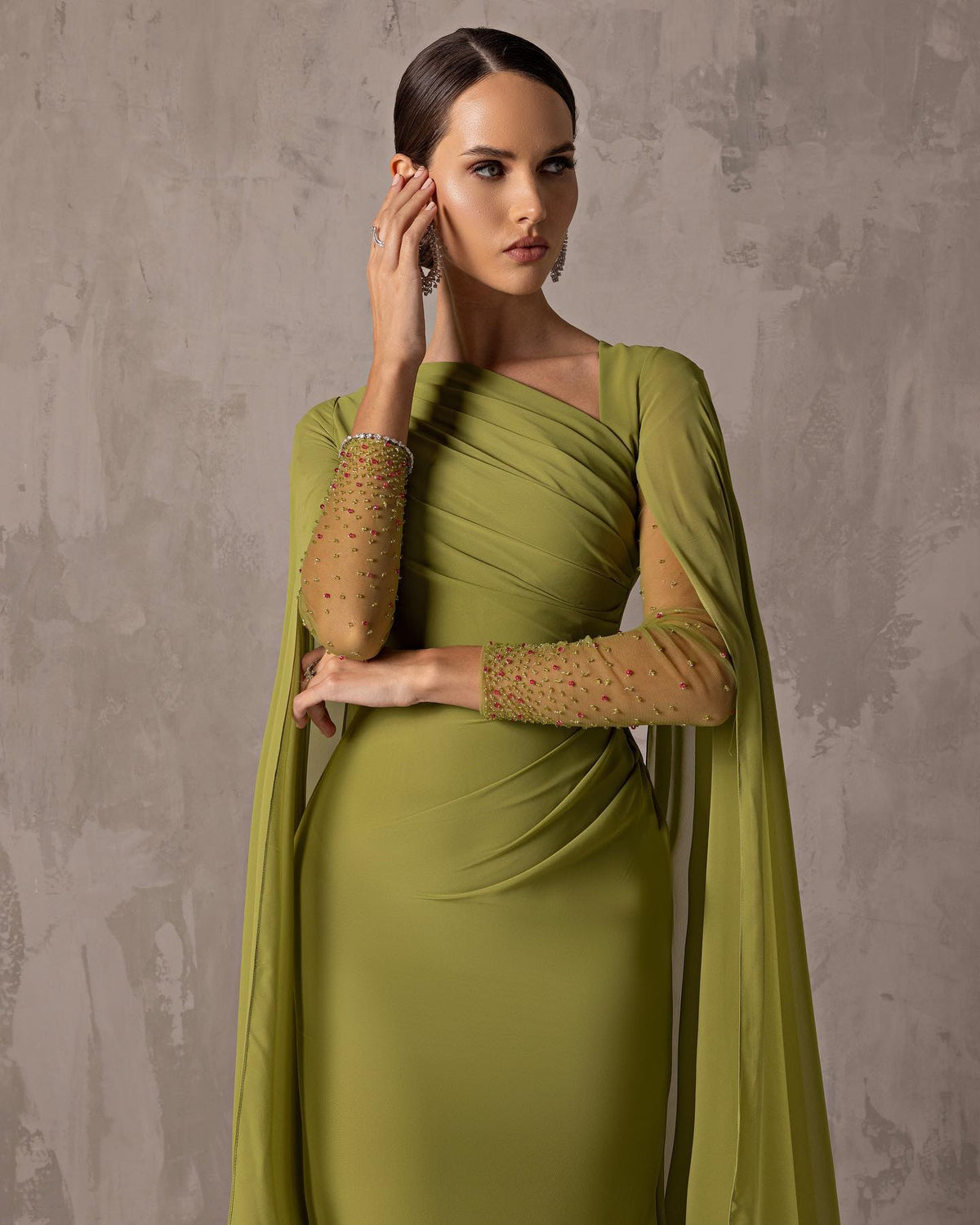 Elegant Asymmetrical Sage Green Chiffon Arabic Evening Dress SF051
