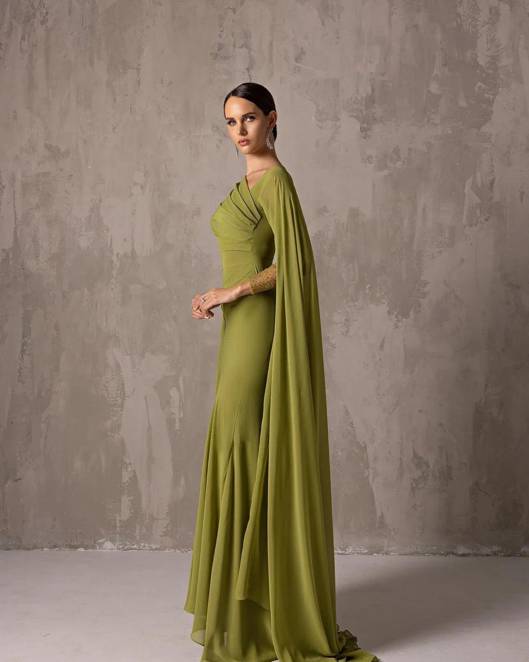 Elegant Asymmetrical Sage Green Chiffon Arabic Evening Dress SF051