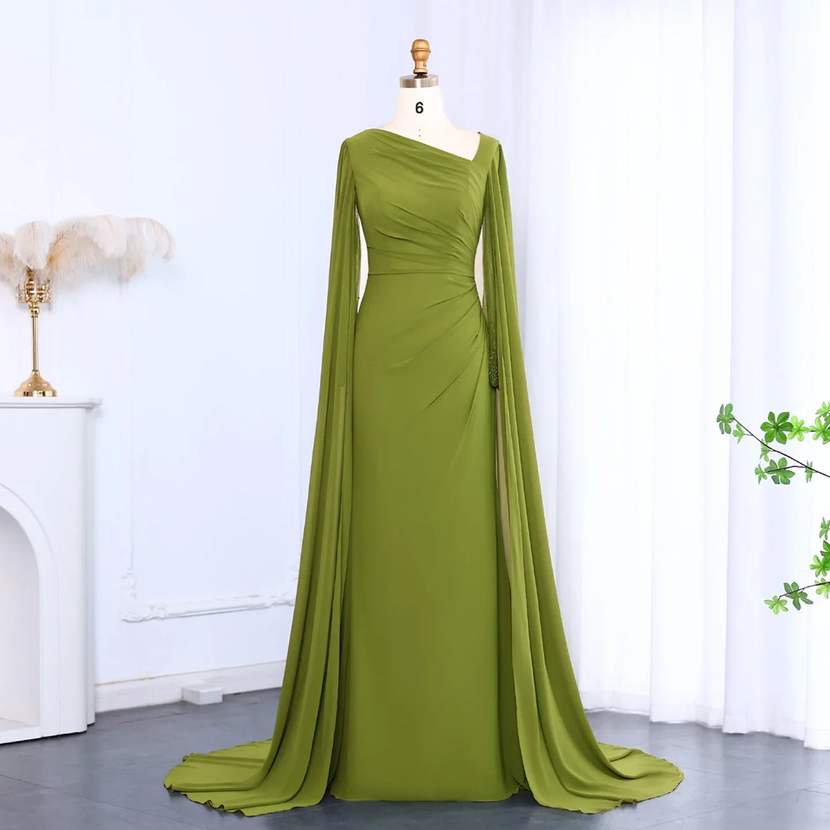 Elegant Asymmetrical Sage Green Chiffon Arabic Evening Dress SF051
