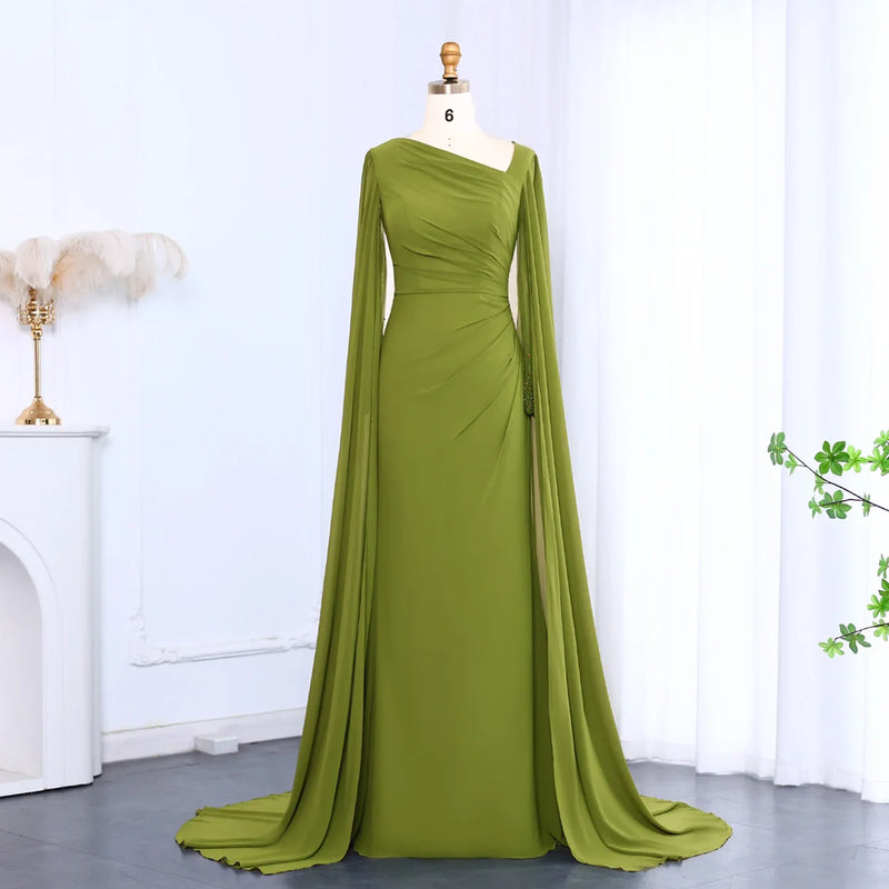 Elegant Asymmetrical Sage Green Chiffon Arabic Evening Dress SF051
