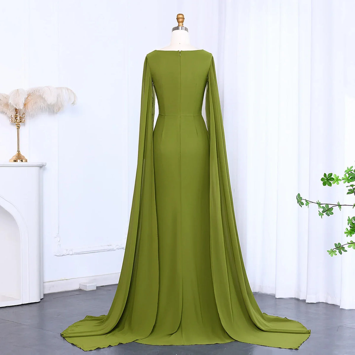 Elegant Asymmetrical Sage Green Chiffon Arabic Evening Dress SF051